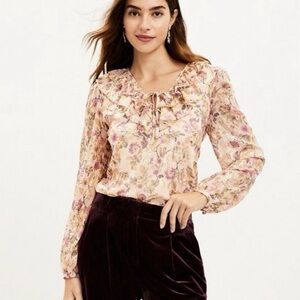 LOFT Floral Ruffle Blouse - Gold and Pink